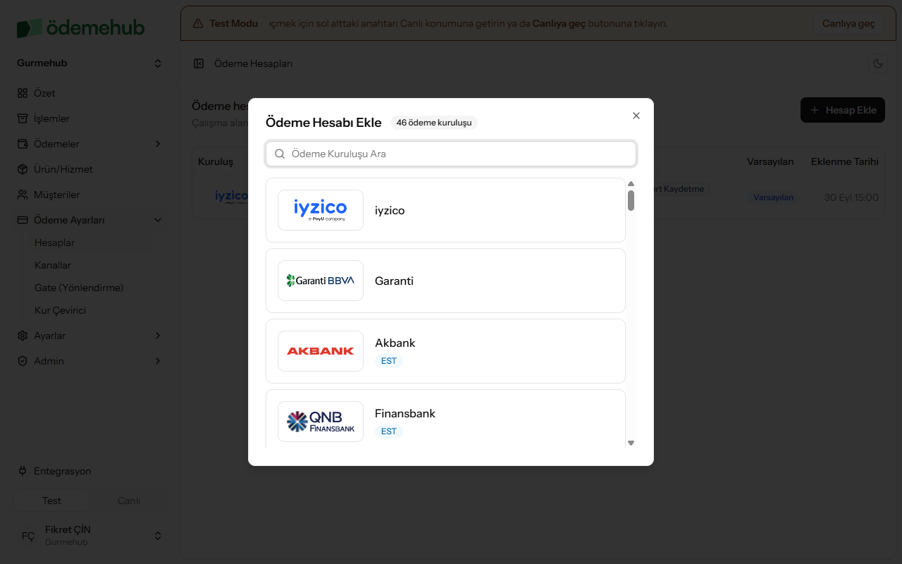 Ödeme hesabı ekle penceresi